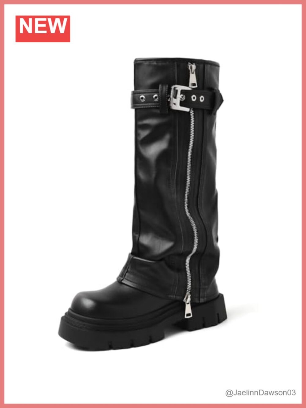 YIYA Women's Platform Fold Over Biker Knee High Boots Belt Buckle Square Toe